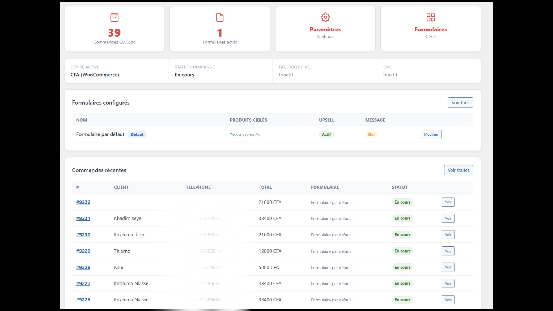 Dashboard CODClic — 39 commandes, 800 250 CFA